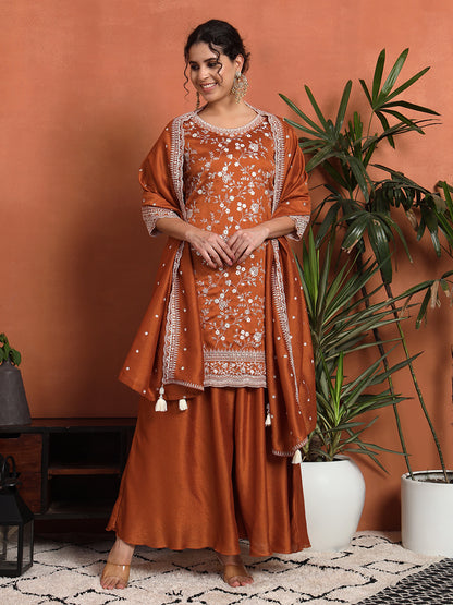 Women's Embroidered Silk Blend Kurta and Palazzo Set
