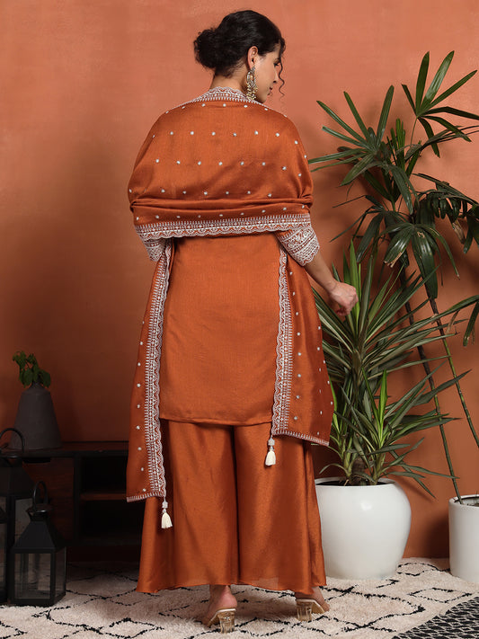 Women's Embroidered Silk Blend Kurta and Palazzo Set