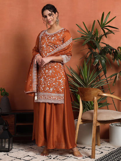 Women's Embroidered Silk Blend Kurta and Palazzo Set