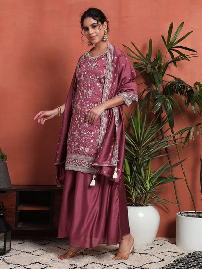 Women's Embroidered Silk Blend Kurta and Palazzo Set