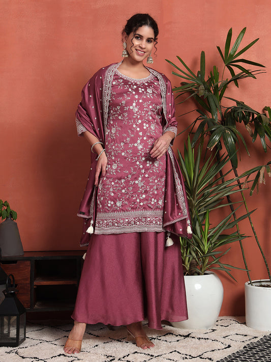 Women's Embroidered Silk Blend Kurta and Palazzo Set