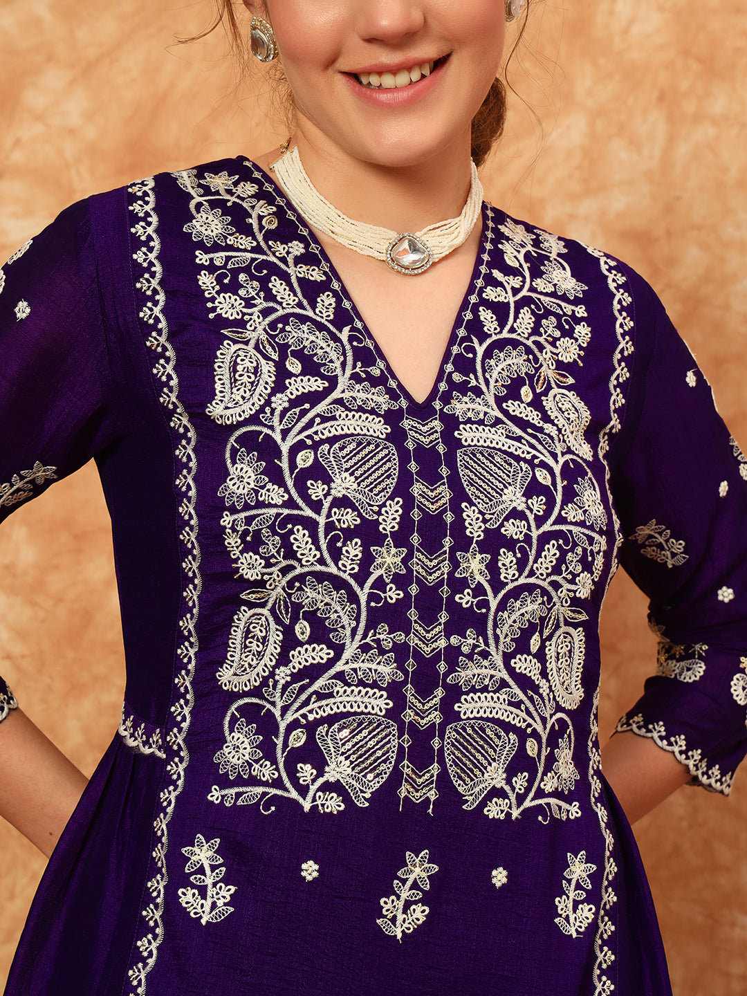 Women's Embroidered Silk Kurta, Pyjama & Dupatta Set