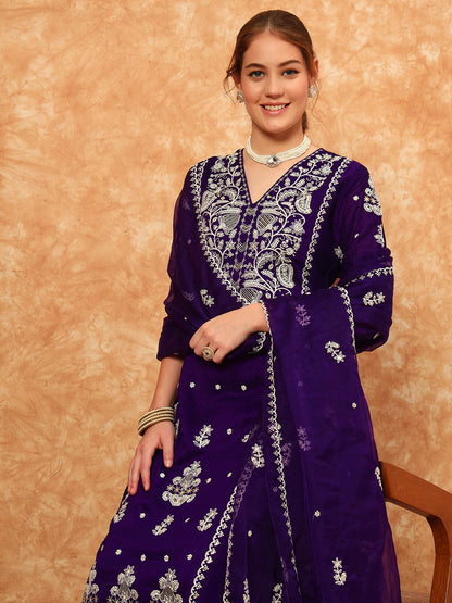 Women's Embroidered Silk Kurta, Pyjama & Dupatta Set