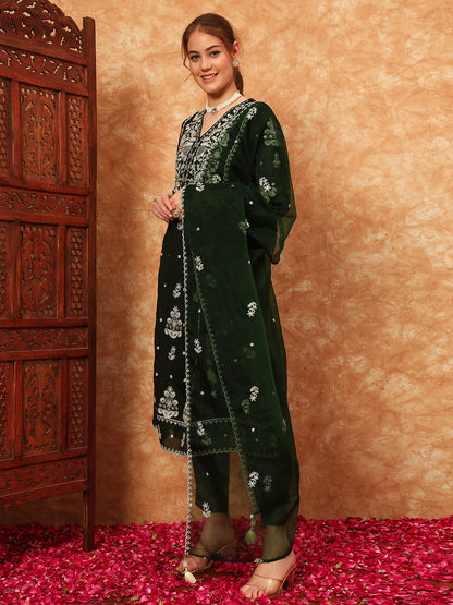 Women's Embroidered Silk Kurta, Pyjama & Dupatta Set