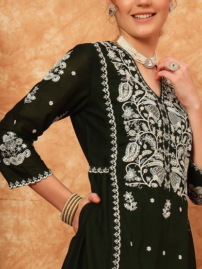 Women's Embroidered Silk Kurta, Pyjama & Dupatta Set