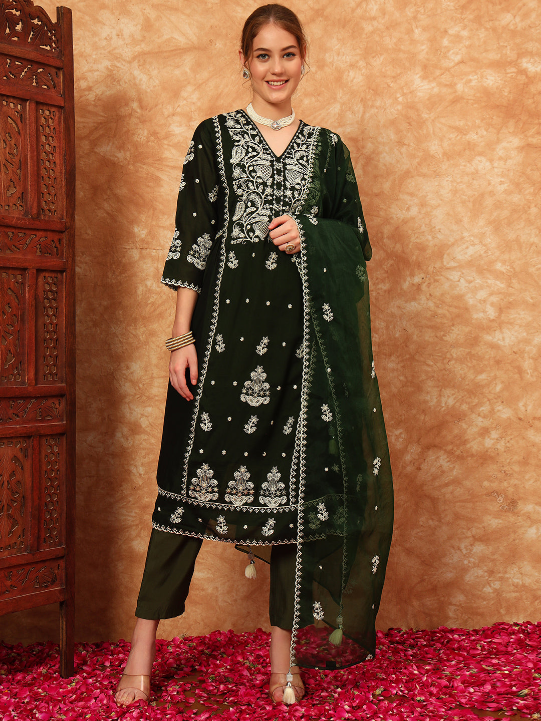 Women's Embroidered Silk Kurta, Pyjama & Dupatta Set