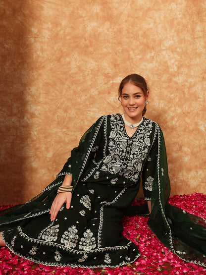 Women's Embroidered Silk Kurta, Pyjama & Dupatta Set