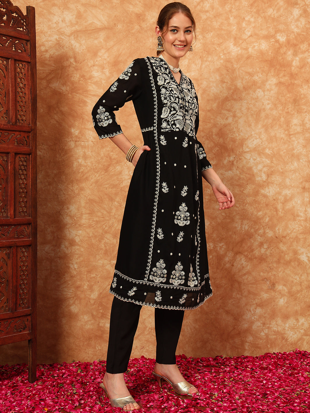 Women's Embroidered Silk Kurta, Pyjama & Dupatta Set
