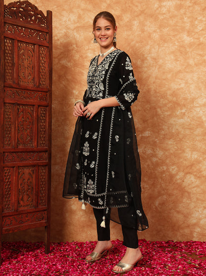 Women's Embroidered Silk Kurta, Pyjama & Dupatta Set