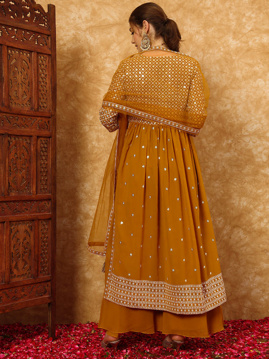 Women's Embroidered Georgette Kurta and Palazzo Set With Dupatta