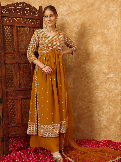 Women's Embroidered Georgette Kurta and Palazzo Set With Dupatta