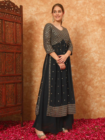 Women's Embroidered Georgette Kurta and Palazzo Set With Dupatta