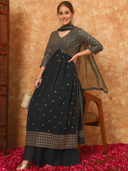 Women's Embroidered Georgette Kurta and Palazzo Set With Dupatta