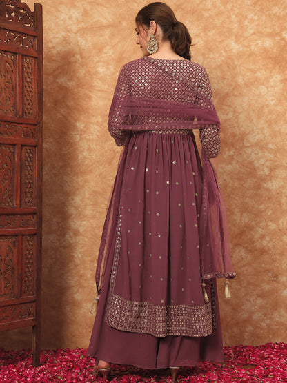 Women's Embroidered Georgette Kurta and Palazzo Set With Dupatta