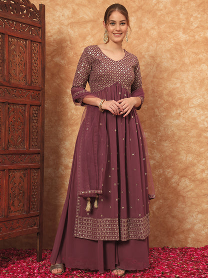 Women's Embroidered Georgette Kurta and Palazzo Set With Dupatta