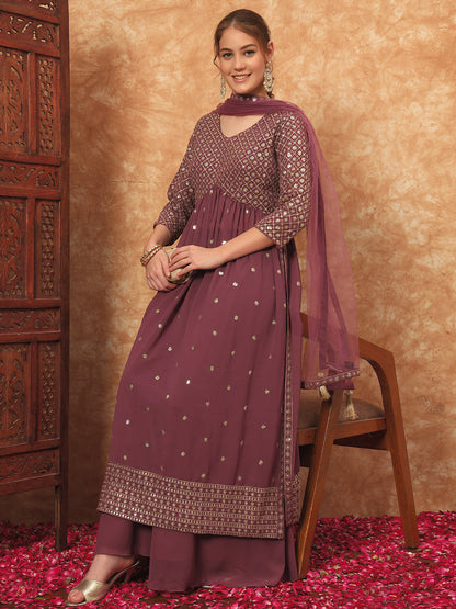 Women's Embroidered Georgette Kurta and Palazzo Set With Dupatta