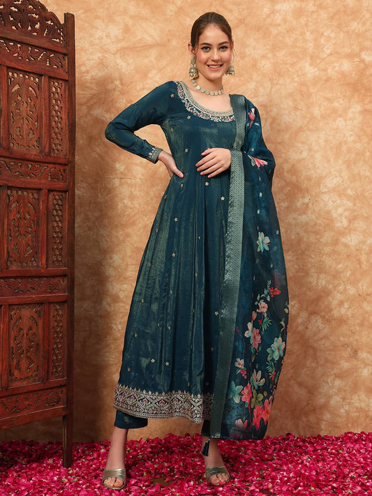 Women's Embroidered Silk Kurta, Pyjama & Dupatta Set