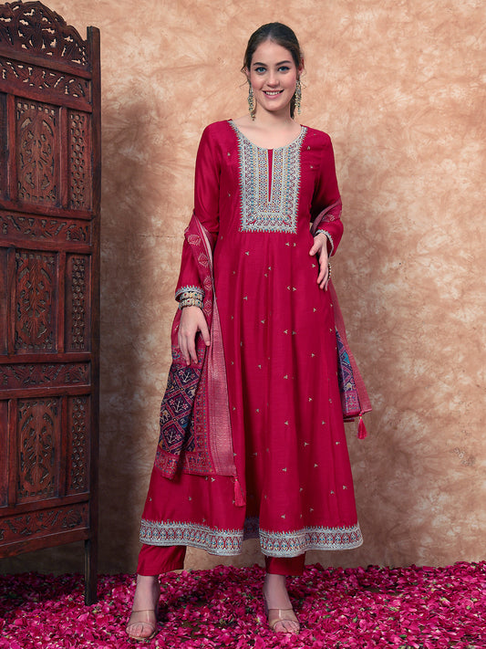 Women's Embroidered Silk Kurta, Pyjama & Dupatta Set
