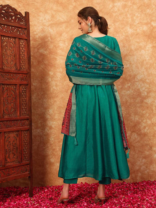 Women's Embroidered Silk Kurta, Pyjama & Dupatta Set