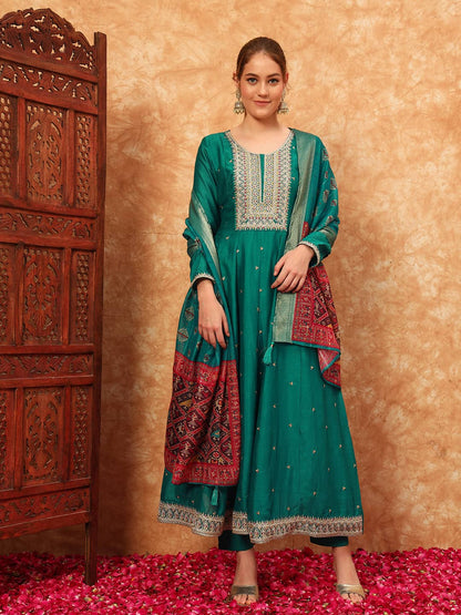 Women's Embroidered Silk Kurta, Pyjama & Dupatta Set