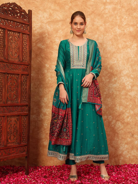 Women's Embroidered Silk Kurta, Pyjama & Dupatta Set
