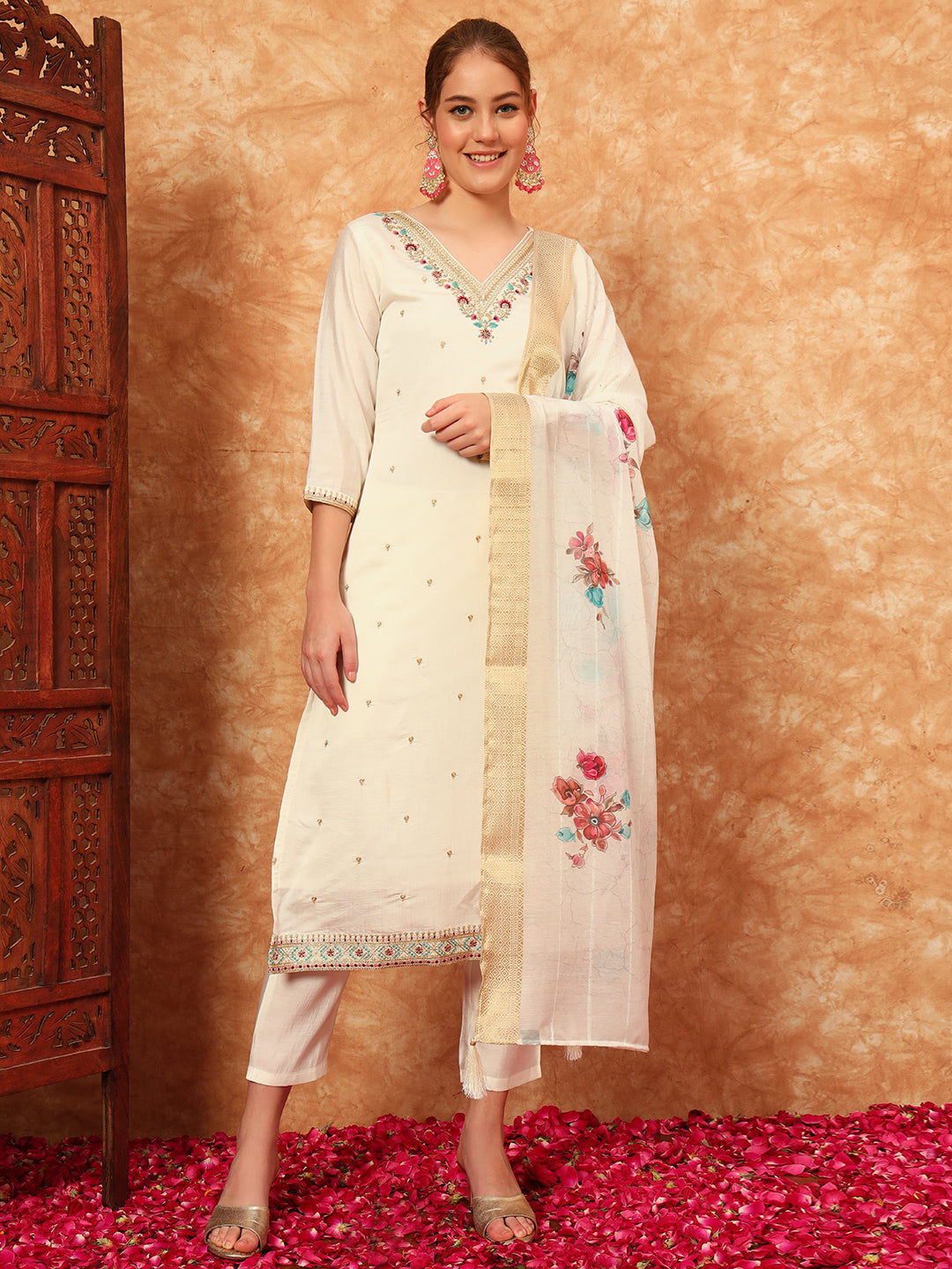 Women's Embroidered Silk Kurta, Pyjama & Dupatta Set