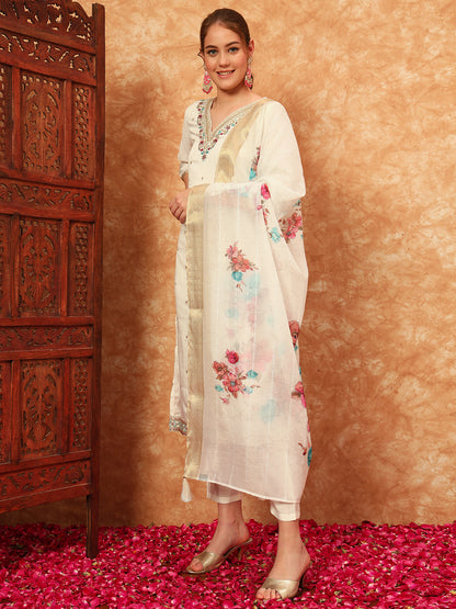 Women's Embroidered Silk Kurta, Pyjama & Dupatta Set