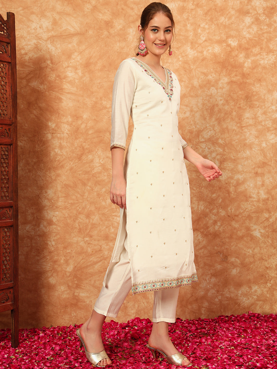 Women's Embroidered Silk Kurta, Pyjama & Dupatta Set