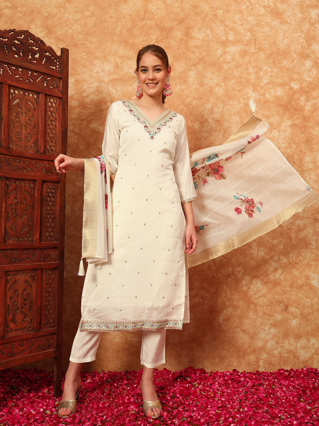 Women's Embroidered Silk Kurta, Pyjama & Dupatta Set