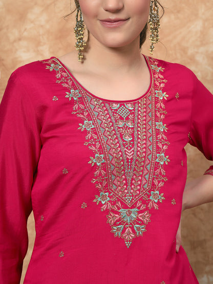 Women's Embroidered Silk Kurta, Pyjama & Dupatta Set