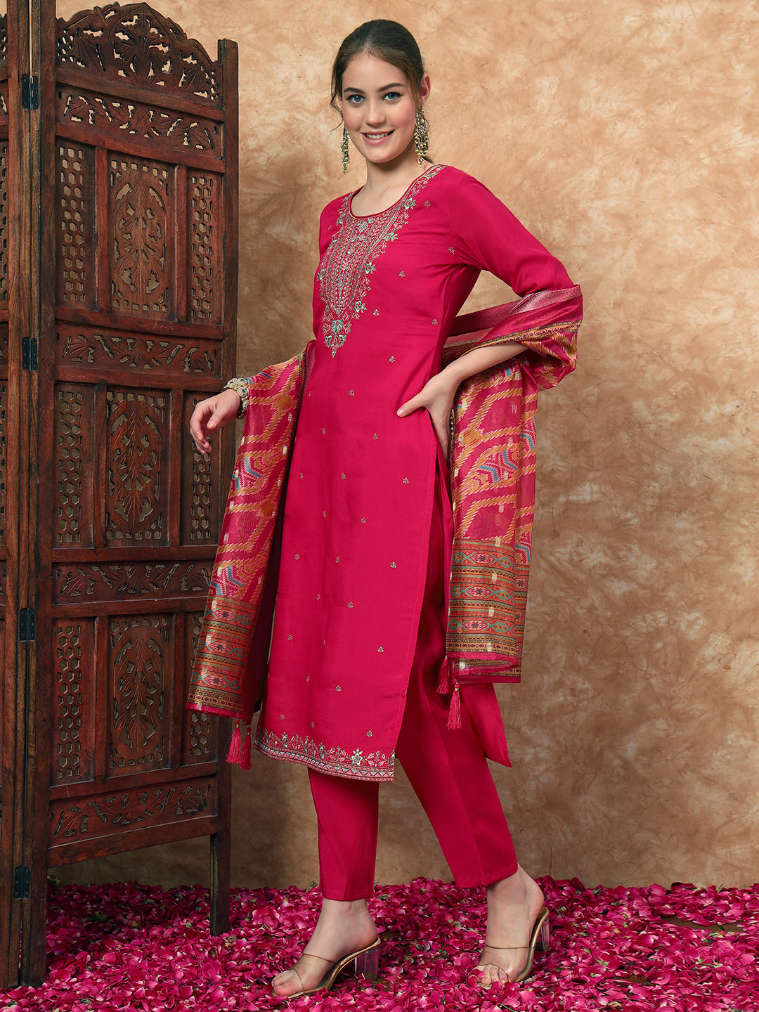 Women's Embroidered Silk Kurta, Pyjama & Dupatta Set