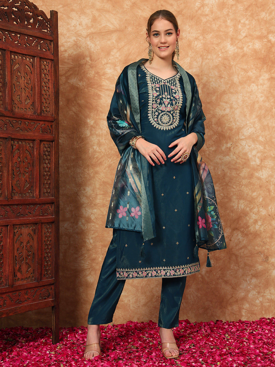 Women's Embroidered Silk  Kurta, Pyjama & Dupatta Set