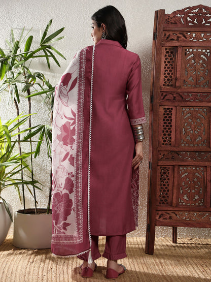 Rosewood Pink Checkered Viscose Women's Kurta, Pyjama & Dupatta Set
