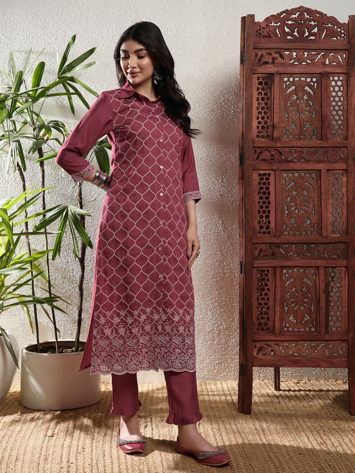 Rosewood Pink Checkered Viscose Women's Kurta, Pyjama & Dupatta Set