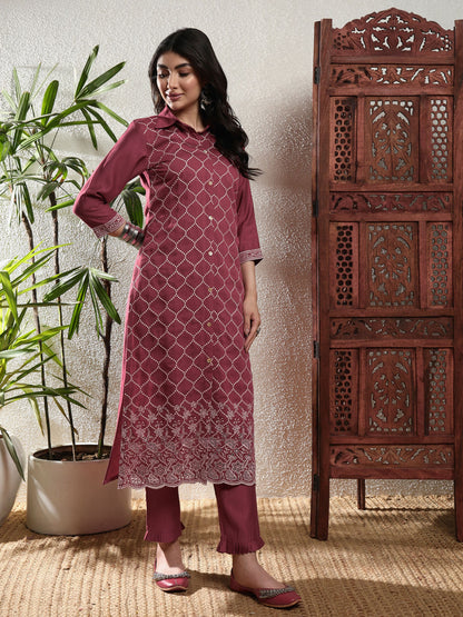 Rosewood Pink Checkered Viscose Women's Kurta, Pyjama & Dupatta Set