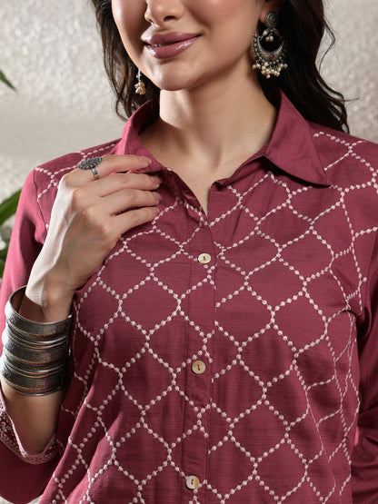 Rosewood Pink Checkered Viscose Women's Kurta, Pyjama & Dupatta Set