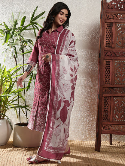 Rosewood Pink Checkered Viscose Women's Kurta, Pyjama & Dupatta Set
