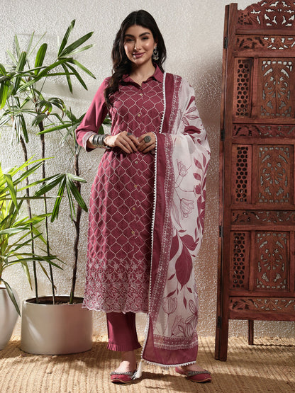 Rosewood Pink Checkered Viscose Women's Kurta, Pyjama & Dupatta Set