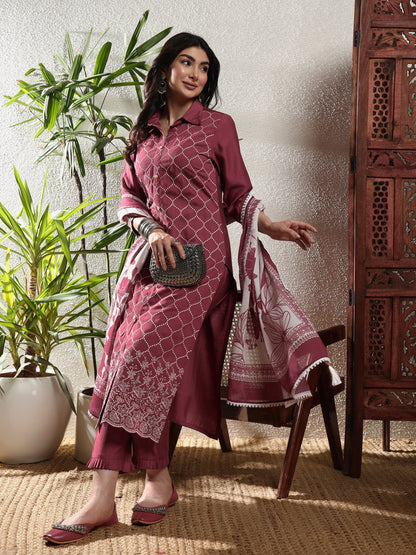 Rosewood Pink Checkered Viscose Women's Kurta, Pyjama & Dupatta Set
