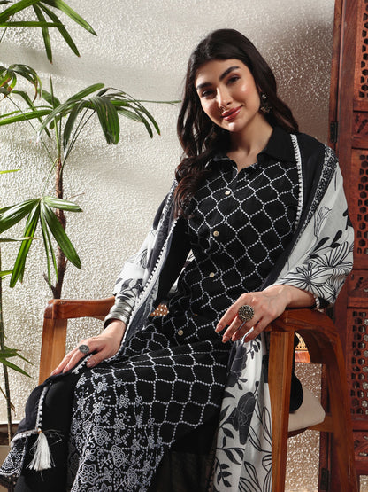 Black Checkered Viscose Women's Kurta, Pyjama & Dupatta Set