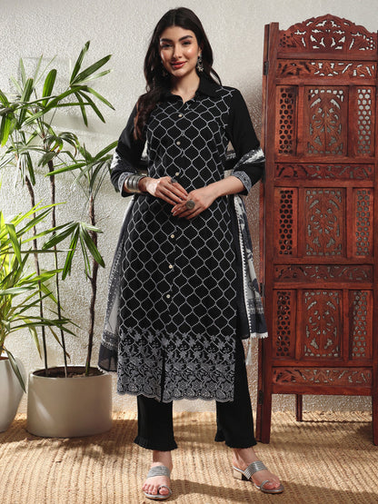 Black Checkered Viscose Women's Kurta, Pyjama & Dupatta Set