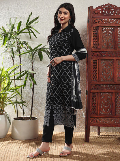 Black Checkered Viscose Women's Kurta, Pyjama & Dupatta Set