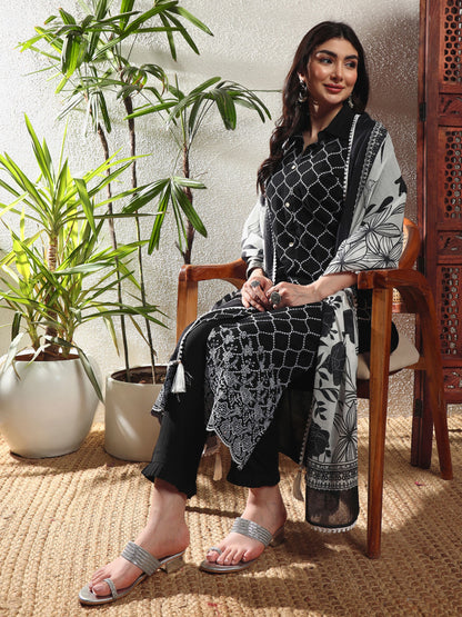 Black Checkered Viscose Women's Kurta, Pyjama & Dupatta Set