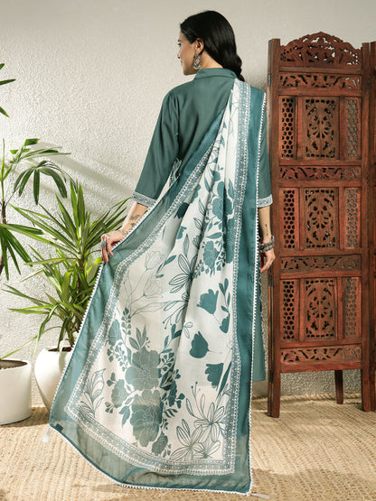 Aqua Green Checkered Viscose Women's Kurta, Pyjama & Dupatta Set