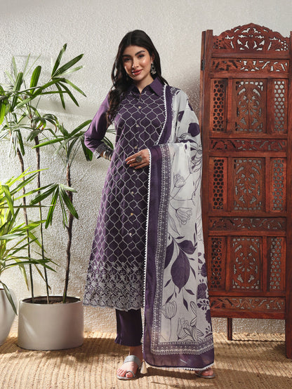 Deep Purple Checkered Viscose Women's Kurta, Pyjama & Dupatta Set