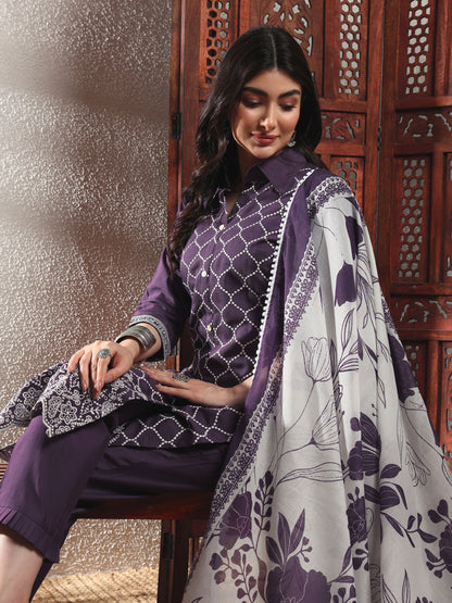 Deep Purple Checkered Viscose Women's Kurta, Pyjama & Dupatta Set