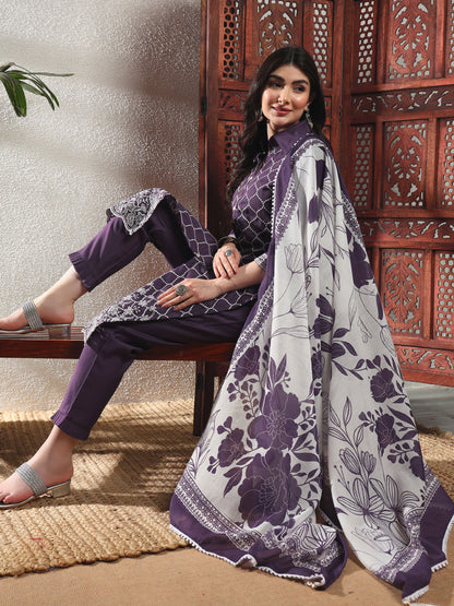 Deep Purple Checkered Viscose Women's Kurta, Pyjama & Dupatta Set