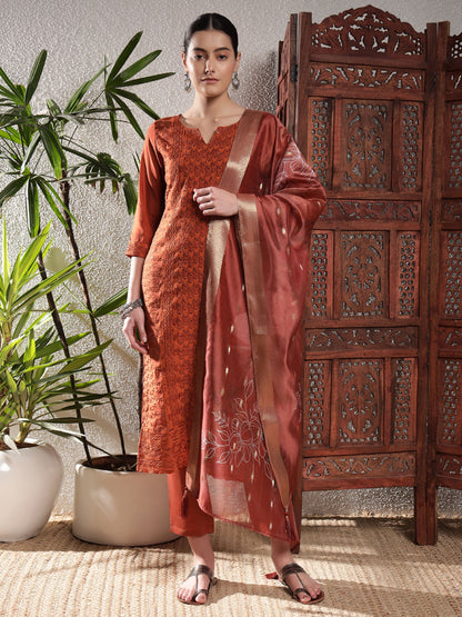 Rust Orange Embroidered Silk Women's Kurta, Pyjama & Dupatta Set
