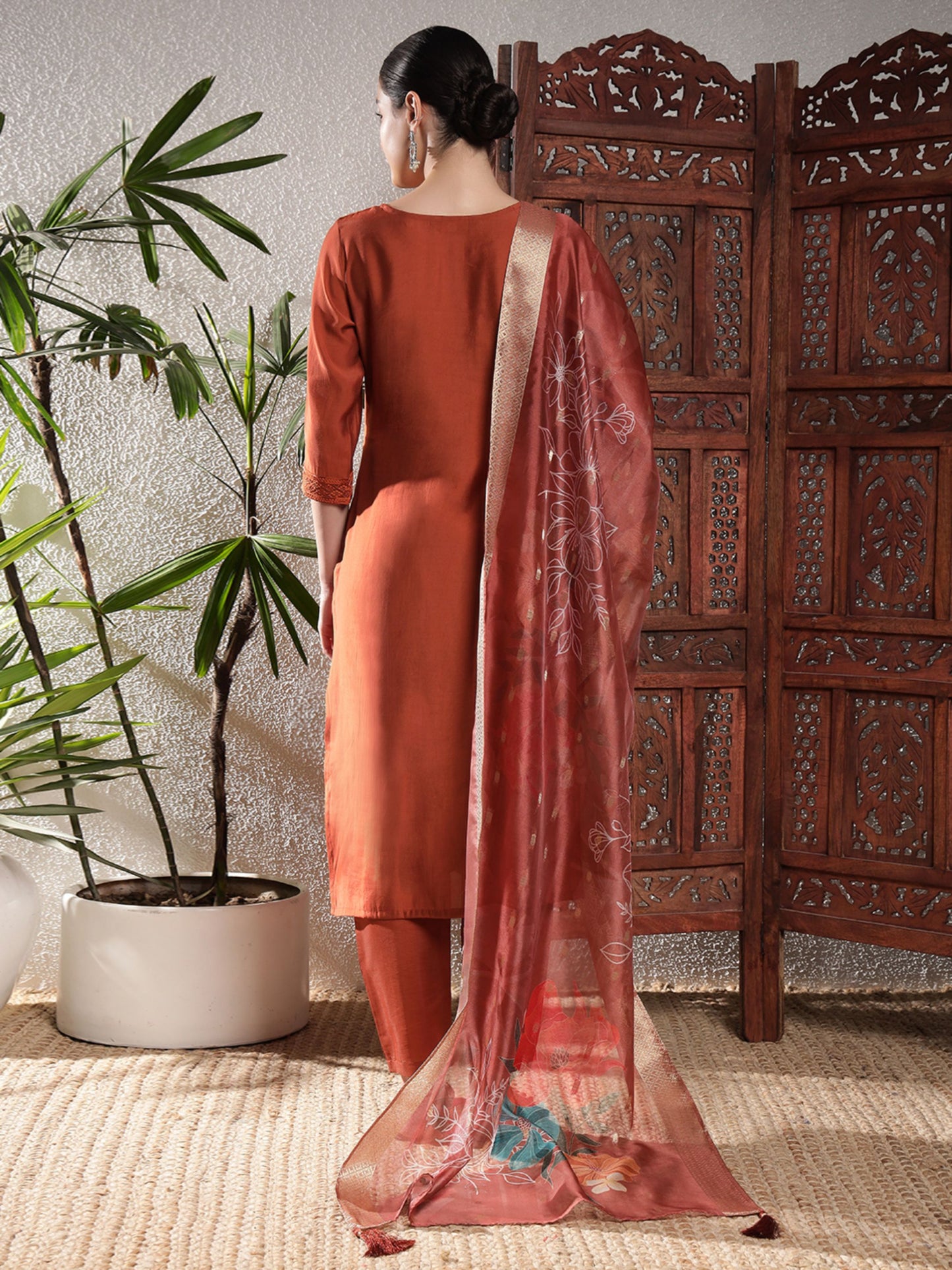 Rust Orange Embroidered Silk Women's Kurta, Pyjama & Dupatta Set