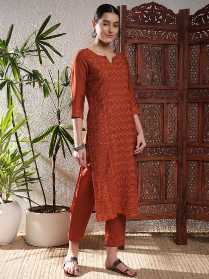 Rust Orange Embroidered Silk Women's Kurta, Pyjama & Dupatta Set